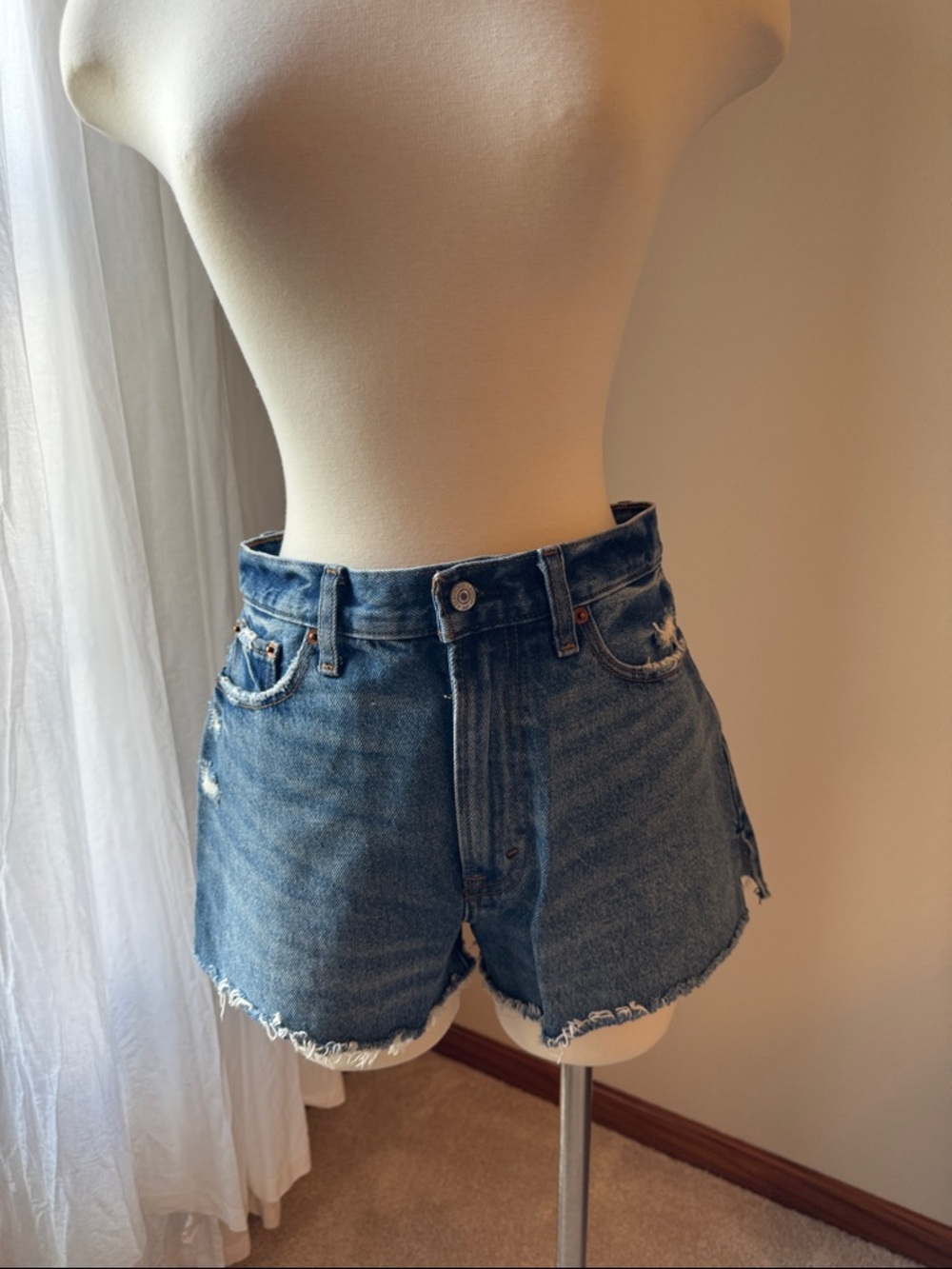 Abercrombie & Fitch Distressed High-Rise Denim Shorts - Blue